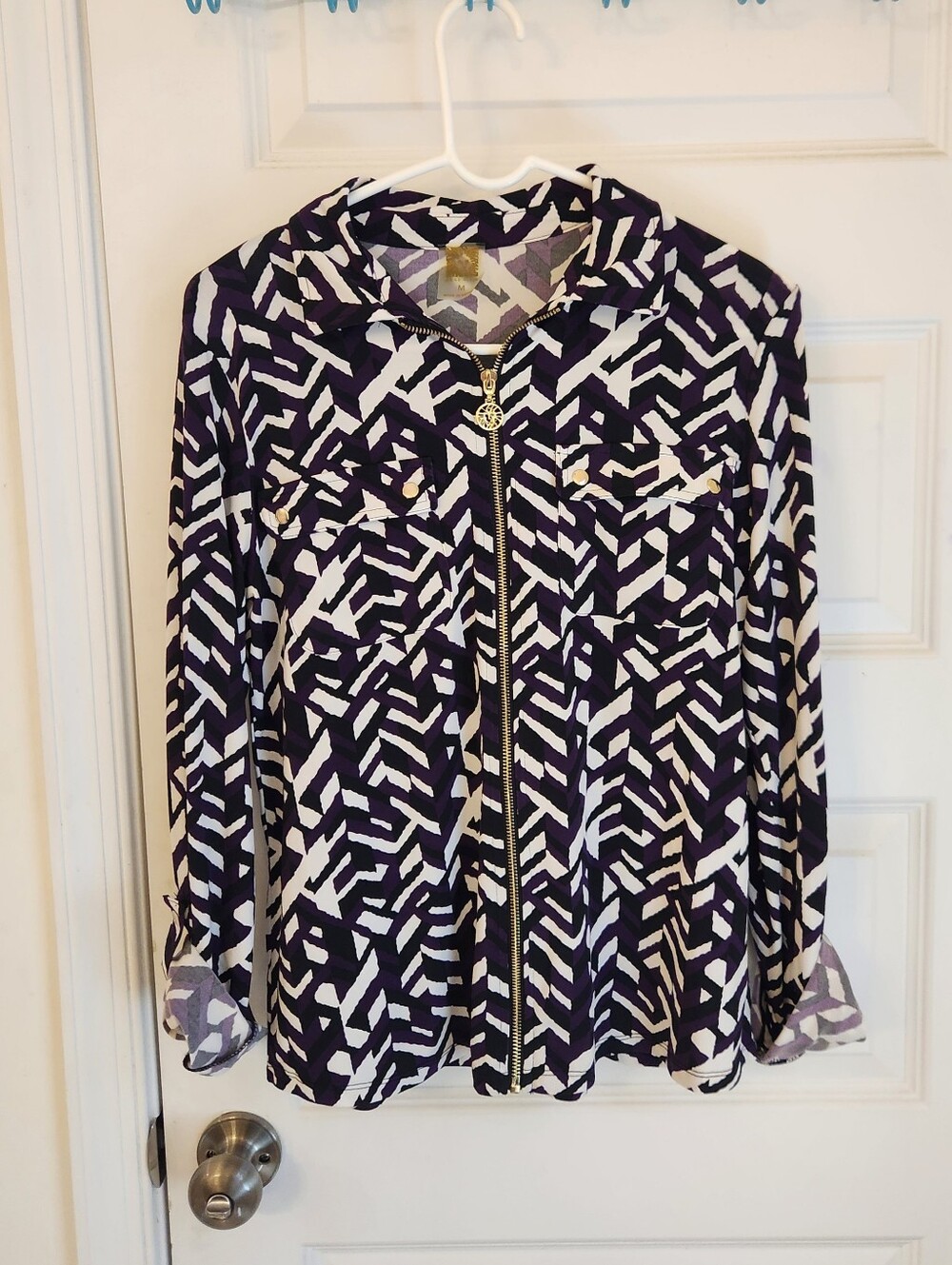 Womens Anne Klien Purple Geometric Long Sleeve Zipper Top Blouse Size M‎ #II1390